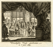 39531 Afbeelding van een vergadering van de onderhandelaars van de Vrede van Utrecht staande rond een ronde tafel in ...